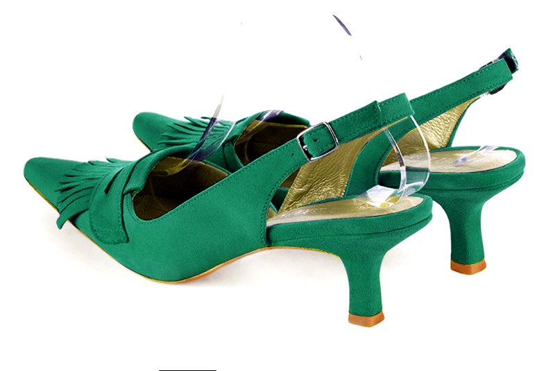 Emerald green women's slingback shoes. Pointed toe. Medium spool heels. Rear view - Florence KOOIJMAN